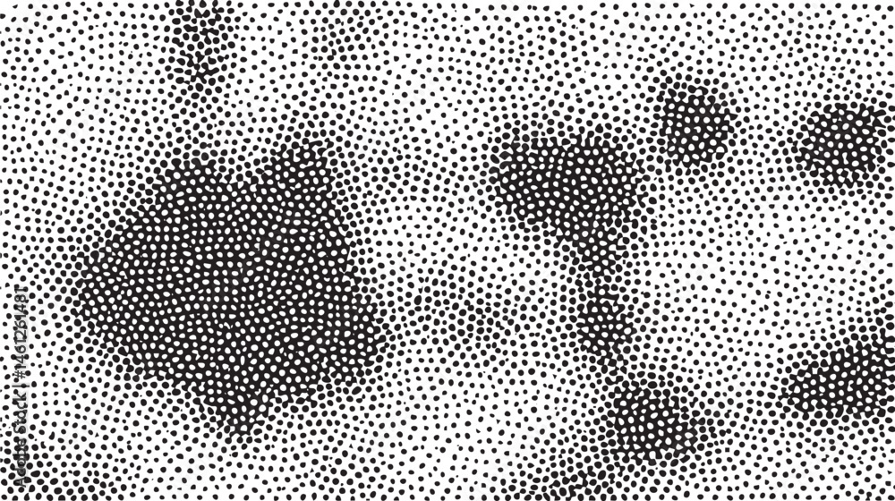 Poster a grayscale shows a dense of overlapping dots forming an abstract face.
