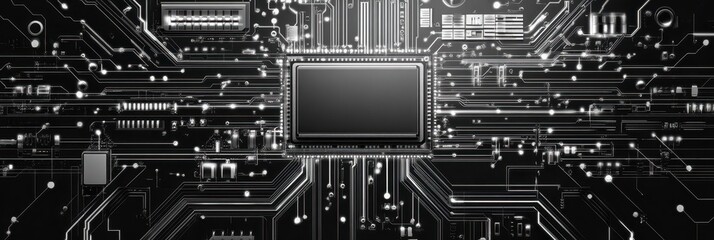 Fototapeta premium Circuit Board Black And White. Abstract technical blueprint background with vintage hi-fi elements