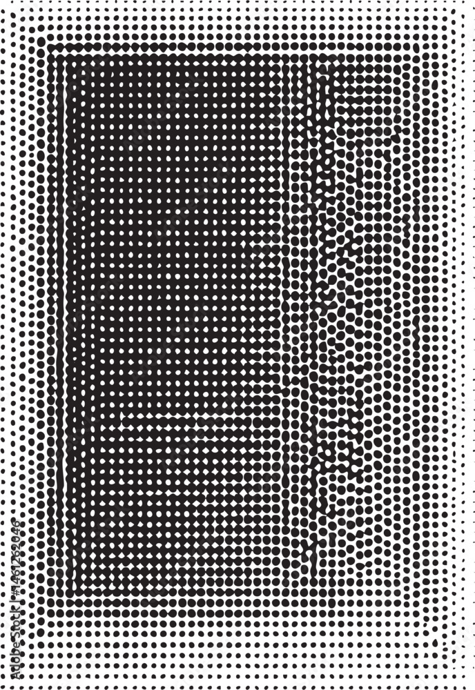 Poster a stark geometric of black and white dots creates a dynamic visual composition.