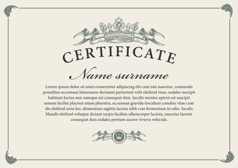 Vector diploma, certificate or flyer with vintage baroque frame in royal style with ribbons, flags and crown and space for inscription on light background. No AI used