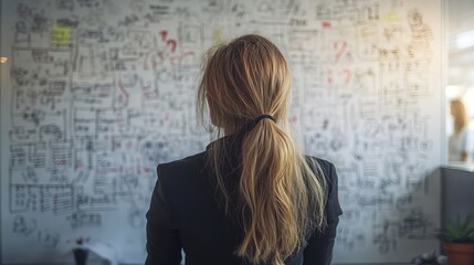 Fototapeta premium A businesswoman brainstorming at a whiteboard covered in drawn question marks and strategy plans