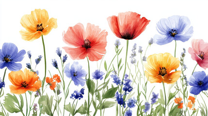 Fototapeta premium Vibrant floral pattern featuring colorful flowers in various shades, creating cheerful and lively atmosphere