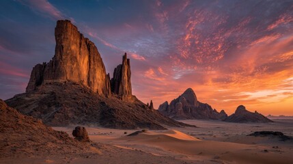 Fototapeta premium Majestic rock formations rise against a vibrant sunset sky in a vast desert setting. The warm colors create a stunning contrast with the rugged terrain, inviting exploration