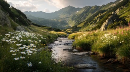 Fototapeta premium In a serene mountain valley, a gently flowing stream meanders through vibrant wildflowers. Majestic peaks surround the lush landscape, illuminated by fading sunlight