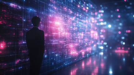 A businessperson standing in front of a holographic network display, futuristic workspace 