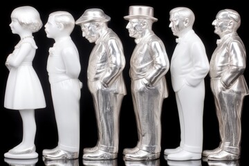 Portrayal of figures in a lineup showcasing different styles.