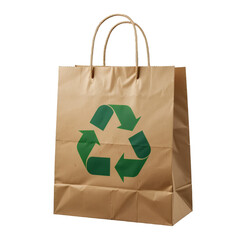 A brown paper shopping bag with a green recycling symbol, featuring sturdy handles, promoting sustainability, eco-friendly packaging