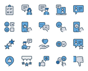 Filled blue outline icons set for Feedback testimonials