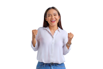 Excited young Asian woman celebrating victory or success with raised fists up isolated on transparent background