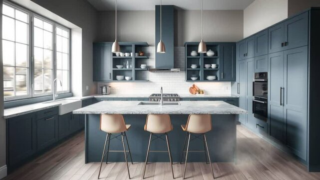 Modern Family Kitchen with Blue Cabinets and Marble Island in Bright Home Interior