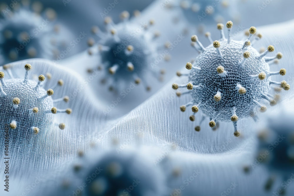 Poster close up view of intricate graphic layouts illustrating virus structures on fabric texture