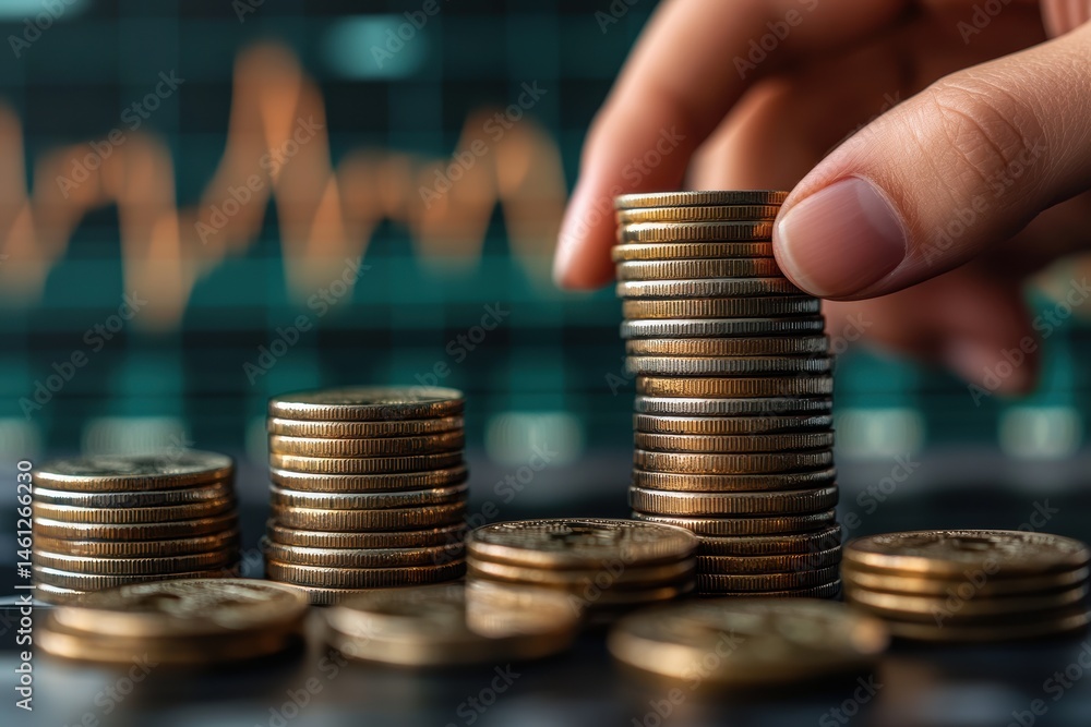 Poster creating a structured stack of coins for an investment strategy focus and financial planning