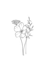 Hand drawn sketch illustration in line art style elegant bouquet with wild flowers and herbs. Suitable for coloring books, cards, packaging and decor.