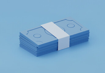 Stack of Fictional Currency Money with Paper Wrap on Blue Background