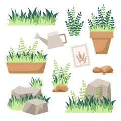 set of gardening elements, flat cute fresh plant and grass on stone vector, illustration design. 