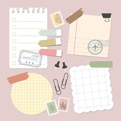 set of blank cute paper notes for decorating page, diary, journal. vector, illustration design. 