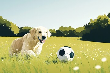 Graphic layout for soccer advertising featuring a golden retriever playing in a grassy field