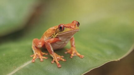 Obraz premium A vibrant orange frog with striking red eyes sits perched on a lush green leaf in a tropical rainforest.