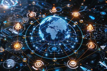 Obraz premium Digital globe with interconnected nodes and data visuals.
