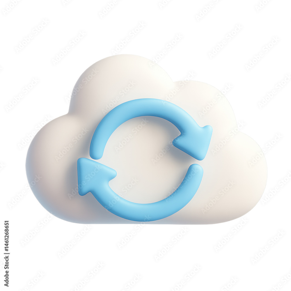 Fototapete Cloud Sync: A 3D rendered cloud icon featuring a refreshing two-way arrow, representing synchronization in a clean, digital style, perfect for illustrating data transfer and cloud computing concepts.