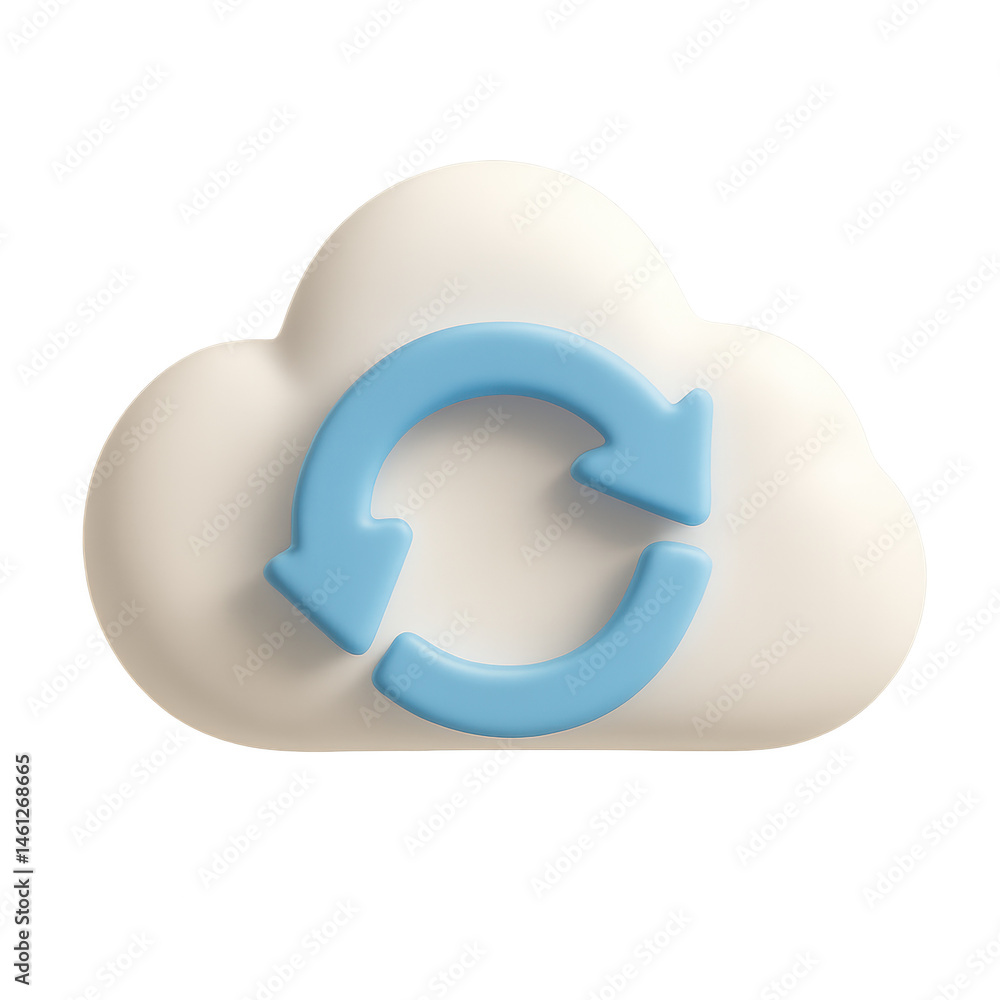 Aufkleber cloud sync: a 3d rendered cloud icon with a refreshing blue circular arrow, representing synchroniza