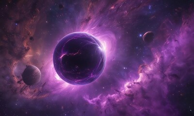 Glowing orb floats in vibrant purple nebula  Cosmic dust swirls around ,  swirling,  astronomy