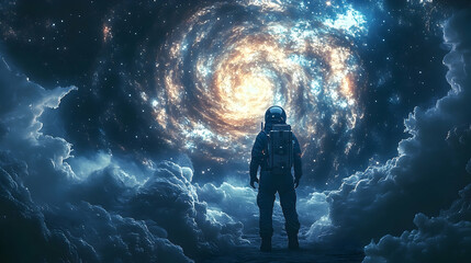 Astronaut contemplates a swirling nebula in the cosmos.