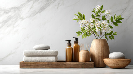 Elegant bathroom decor features fresh white flowers in a wooden vase with soft towels and natural stone accents against a light marble wall providing a spa atmosphere.