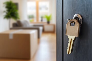 Key turning in lock as new home awaits moving boxes and fresh beginnings