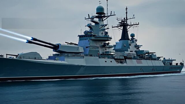 Laser weapon on a military ship. Laser system military.