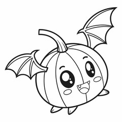 Naklejka premium Cute Cartoon Pumpkin with Bat Wings Halloween Coloring Page