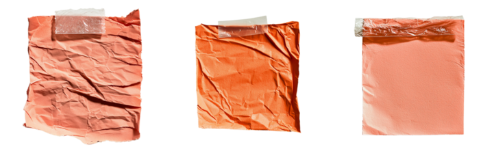 Png of Three textures of crumpled coral paper with tape, showcasing different degrees of creasing and color vibrancy.
