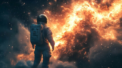 Obraz premium Astronaut confronts a cosmic fiery nebula.