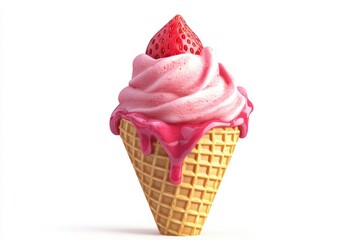 Delightful strawberry ice cream in a crispy waffle cone with pink swirls