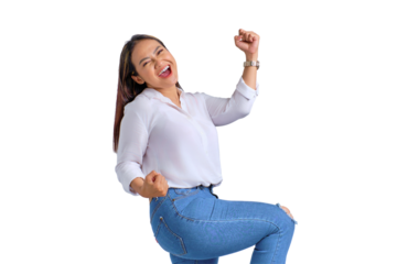 Excited young Asian woman celebrating victory or success with raised fists up isolated on transparent background