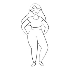 A woman in a T-shirt and pants. Body Positive. Line Art Female Figure