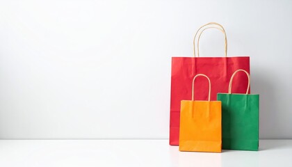 Two vibrant shopping bags, one in bright red and the other in sunny yellow, rest against a clean white background, showcasing their glossy textures and handles.
