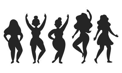 Curvy Women Silhouettes Dancing. Body Positive Female Figures Vector Set