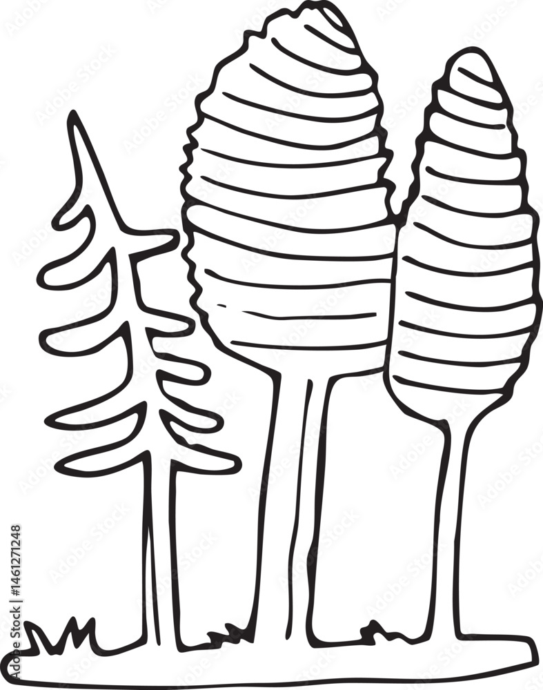 Poster three stylized trees stand upright in a linear composition.