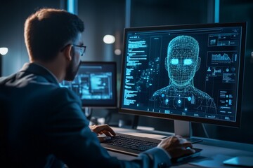 Businessmen and humanoid robot work on a project chat bot chatbot ai bot