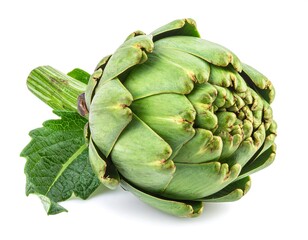 Obraz premium Fresh Green Artichoke with Leaf on White Background