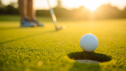 Close-Up of Golf Ball Near Hole with Sunlight in Background on Green Course