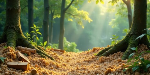 Fototapeta premium Serene Woodland Path Sunlight Dapples Through Ancient Trees, Revealing Exposed Roots and a Sandy Trail