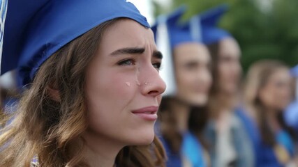A young woman in a graduation cap, tears streaming down her face, radiates joy and pride during her graduation ceremony, capturing the emotional significance of this milestone moment.