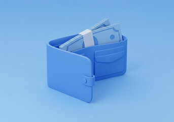 Wallet with Money Inside on Blue Background Finance Concept