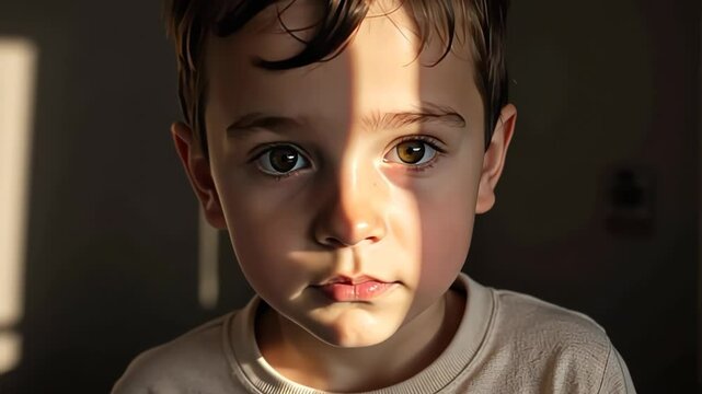 Child gazing thoughtfully in soft light against a shadowy background  