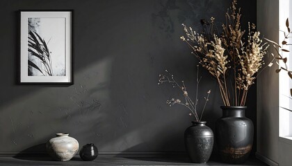 Matte black backdrop with floating marble shelf, geometric decor, and subtle lighting highlights for clean design