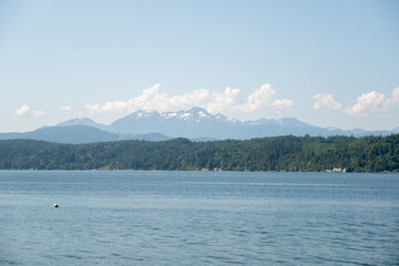 Distant snow-covered Olympic Mountains rise over Puget Sound on a calm day, viewed from a forested...