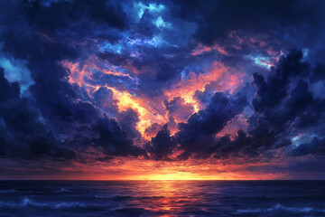 Fototapeta premium breathtaking view of dramatic dark storm clouds at night, illuminated by vibrant hues of orange and blue as sun sets over ocean, creating captivating and emotional atmosphere