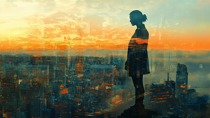 A solitary figure contemplating a cityscape at sunset